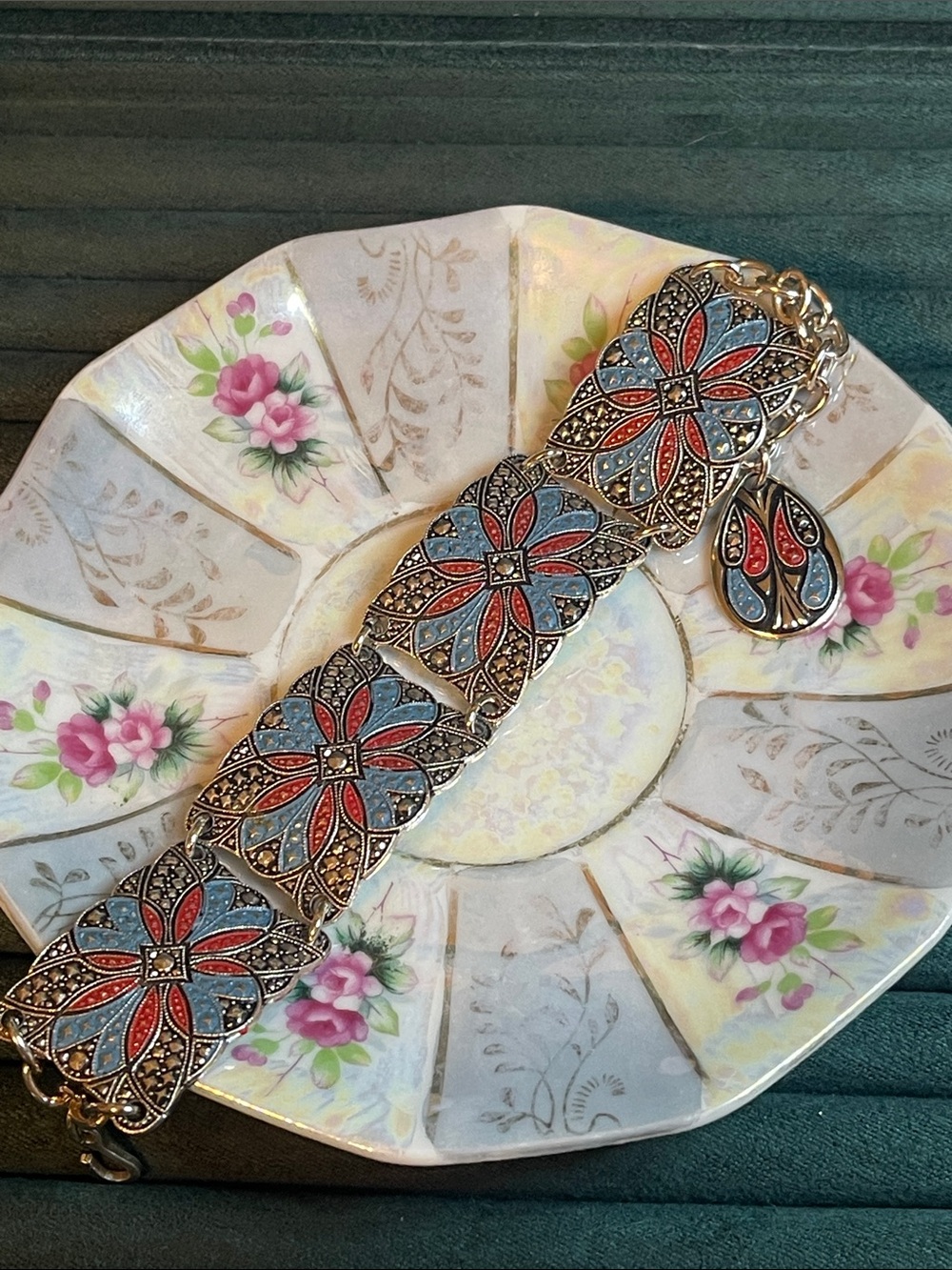 Vintage West Germany Eloxal Intricate Enamel Panel Bracelet